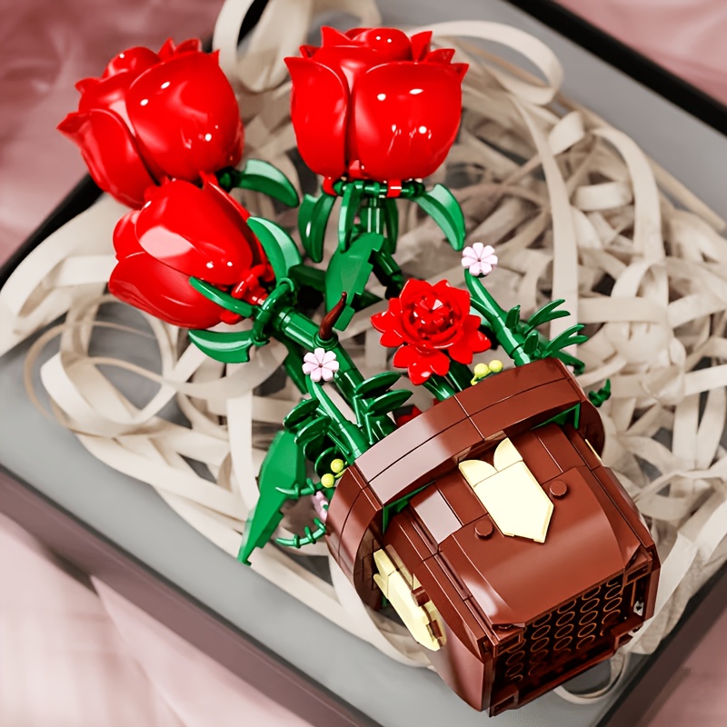Creative Red Rose Potted Flower Model Building Block